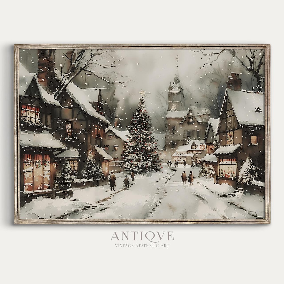 Christmas Village Street, Watercolor Poster Print
