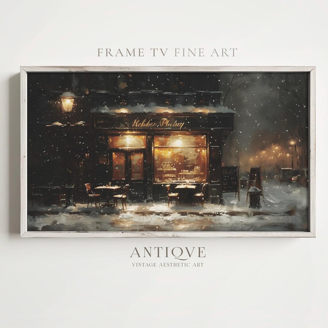 Moody Winter Cafe Night Painting, Christmas Decor - Image 2