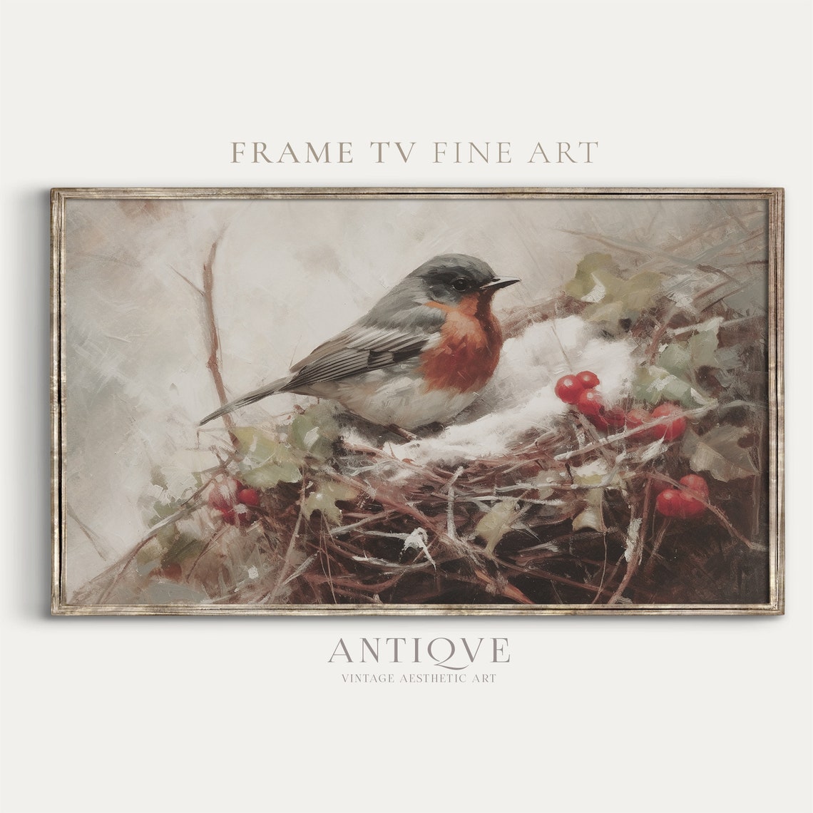 Robin in Snowy Nest with Red Berries Vintage Bird Painting Art Print - Image 3
