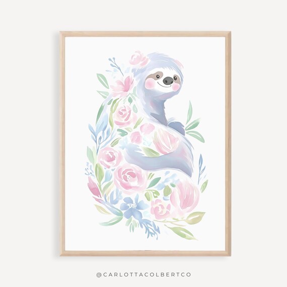 Blush Floral Sloth Watercolor Girls Nursery Animal Decor Poster