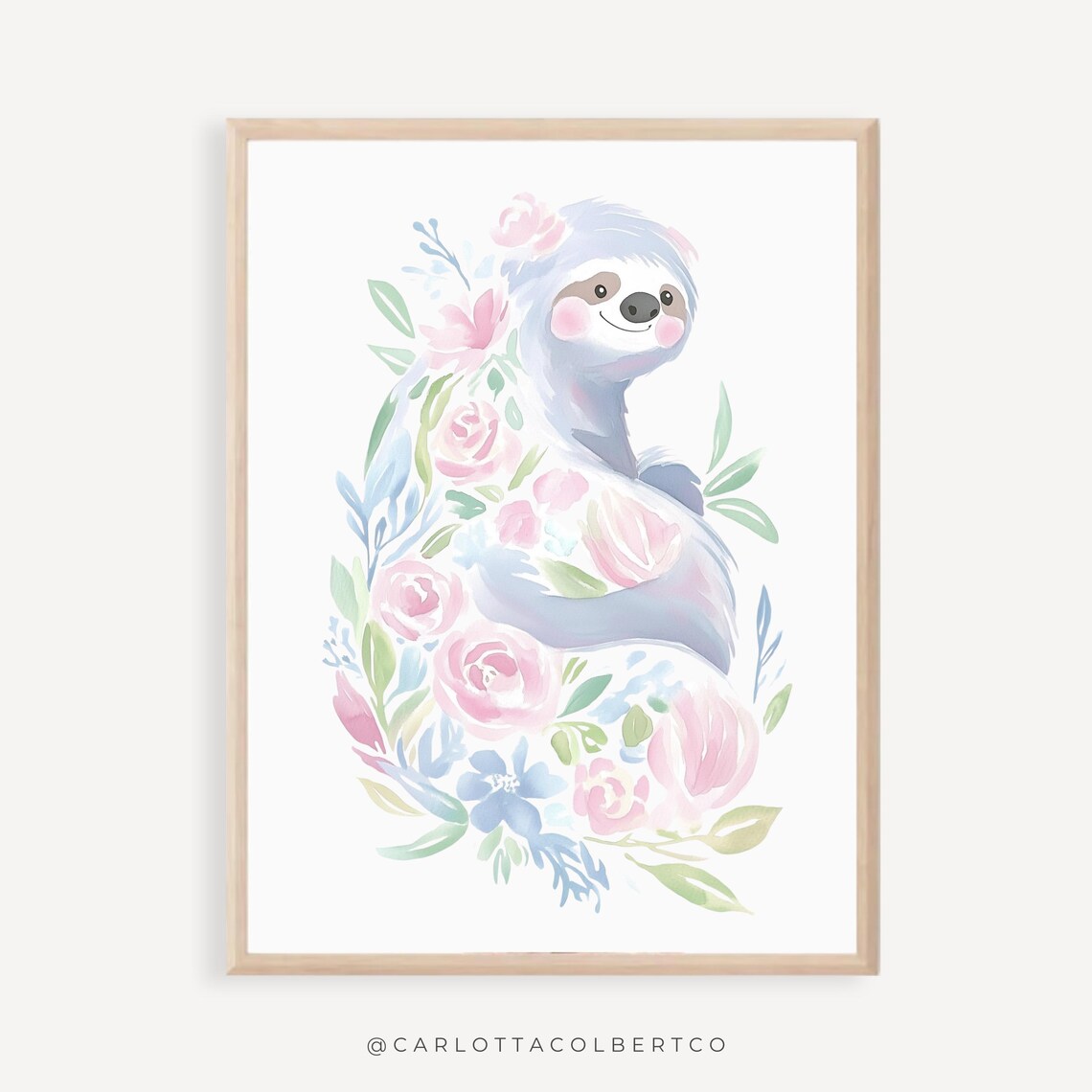 Blush Floral Sloth Watercolor Girls Nursery Animal Decor Poster