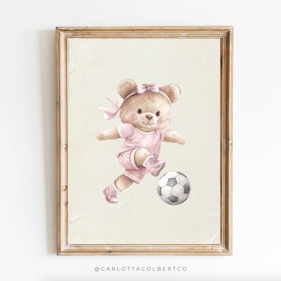 Pink Soccer Teddy Bear Girl Watercolor Nursery Art Poster Kicking Ball