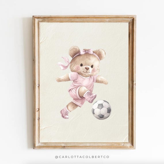 Soccer Bear Nursery Art Pink Playing Girls Room Bow Poster Vintage Teddy Girl