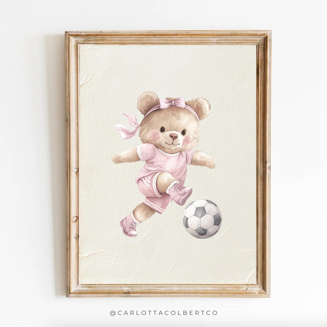 Pink Soccer Teddy Bear Girl Watercolor Nursery Art Poster Kicking Ball