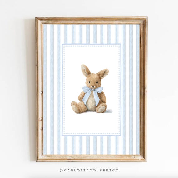 Blue Boy Nursery Art Bunny Vintage Decor Grandmillennial Cute Rabbit Poster Baby Room