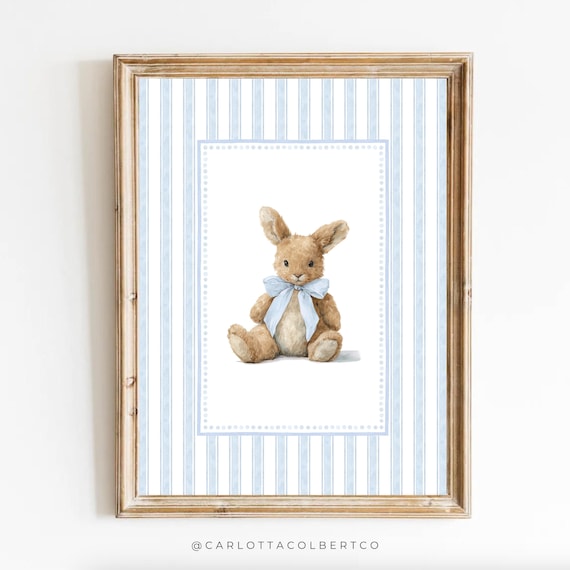Vintage Bunny With Blue Bow Striped Background Baby Room Art Poster
