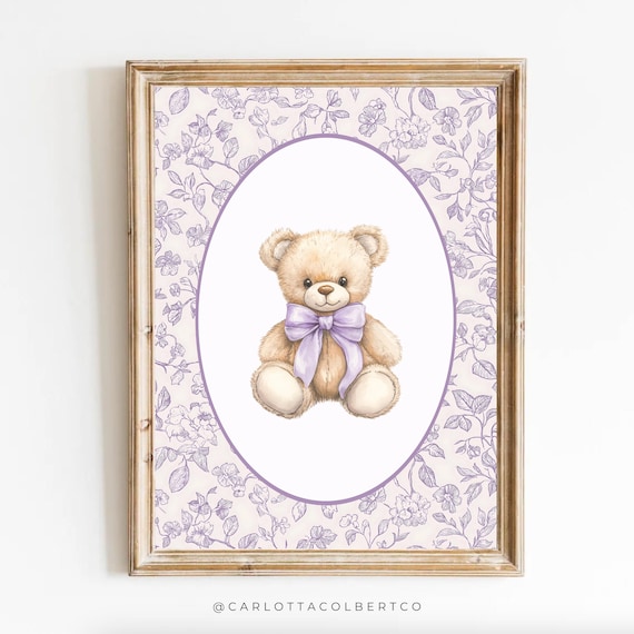 Lavender Floral Toile Teddy Bear Nursery Wall Art Purple Bow Artwork
