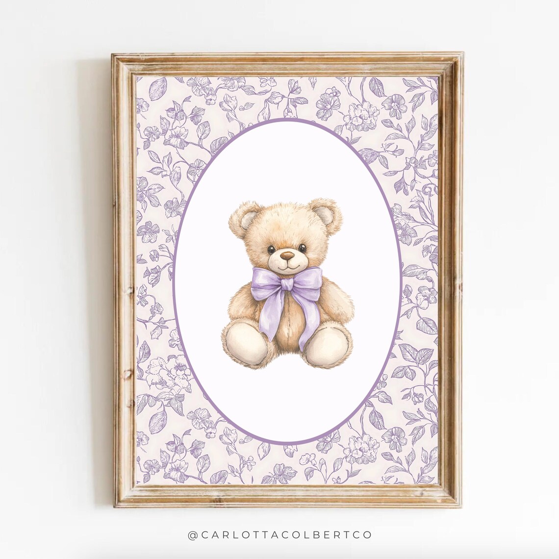 Lavender Floral Toile Teddy Bear Nursery Wall Art Purple Bow Artwork