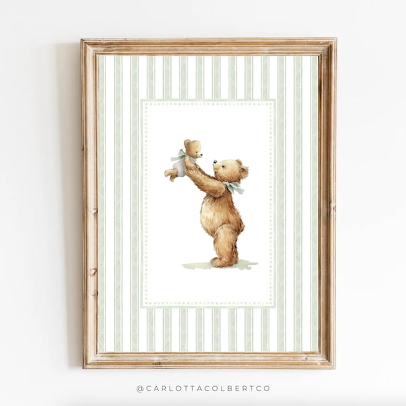 Bear Nursery Art Vintage Sage Green Boy Decor Grandmillennial Teddy Poster Baby
