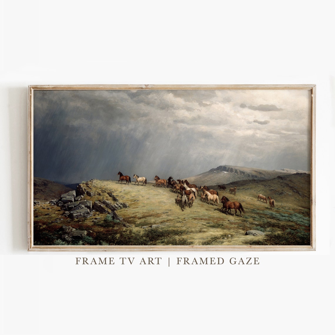 Vintage Wild Horses On Stormy Moor Dramatic Equestrian Frame TV Print