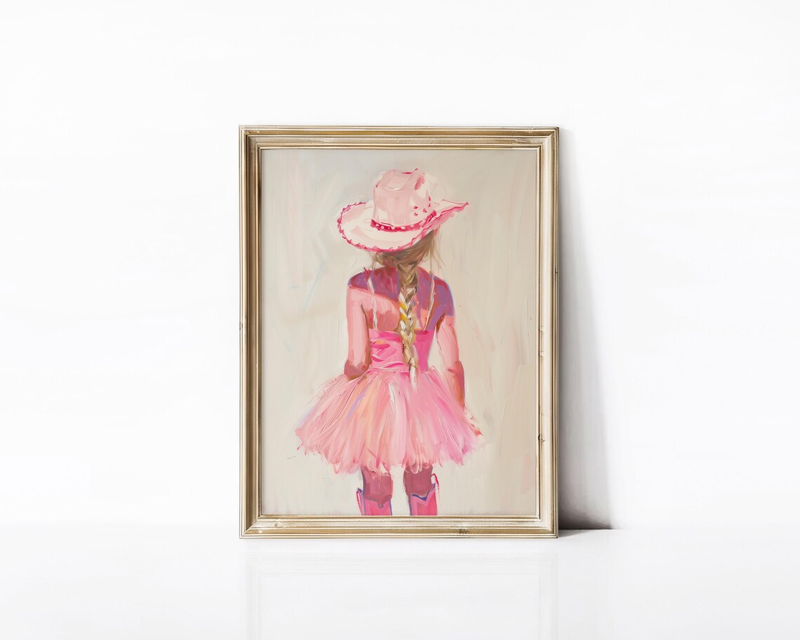 Little Cowgirl Pink Tutu Cowboy Hat Back View Nursery Wall Art - Image 2