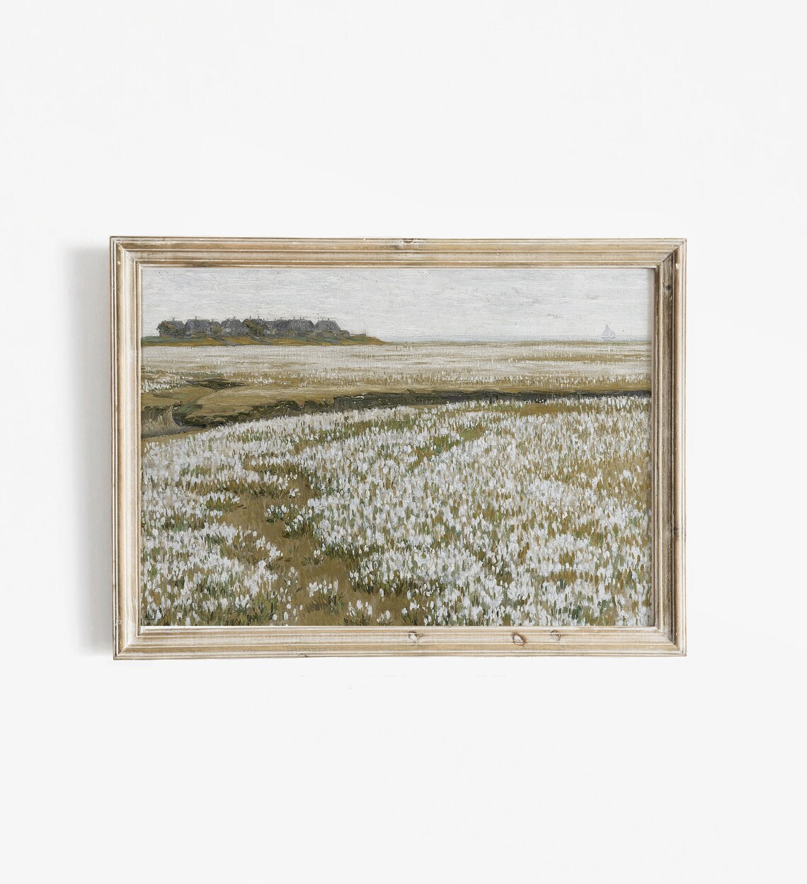 White Wildflower Field Farmhouses Distant Sailboat Meadow Poster - Image 3