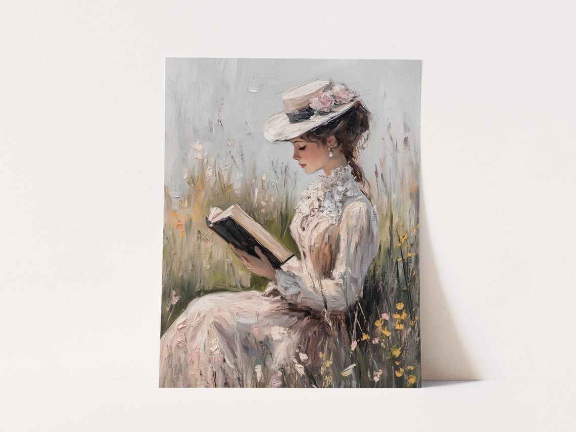 Victorian Woman Reading Wildflowers Cottagecore Book Lover Wall Art
