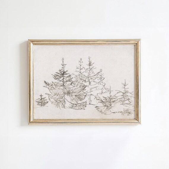 Vintage Pine Tree Sketch Art Print, Neutral Holiday Decor