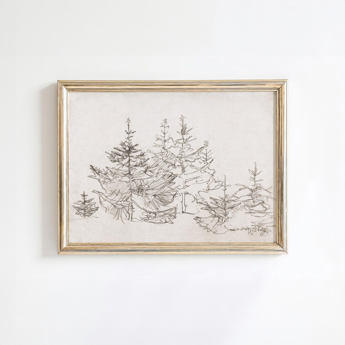 Vintage Pine Tree Sketch Art Print, Neutral Holiday Decor