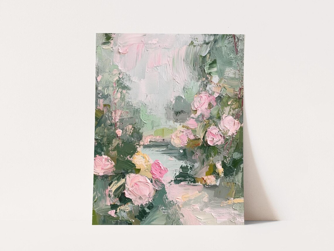 Pink Roses Impasto Garden Painting Romantic Floral Spring Wall Art