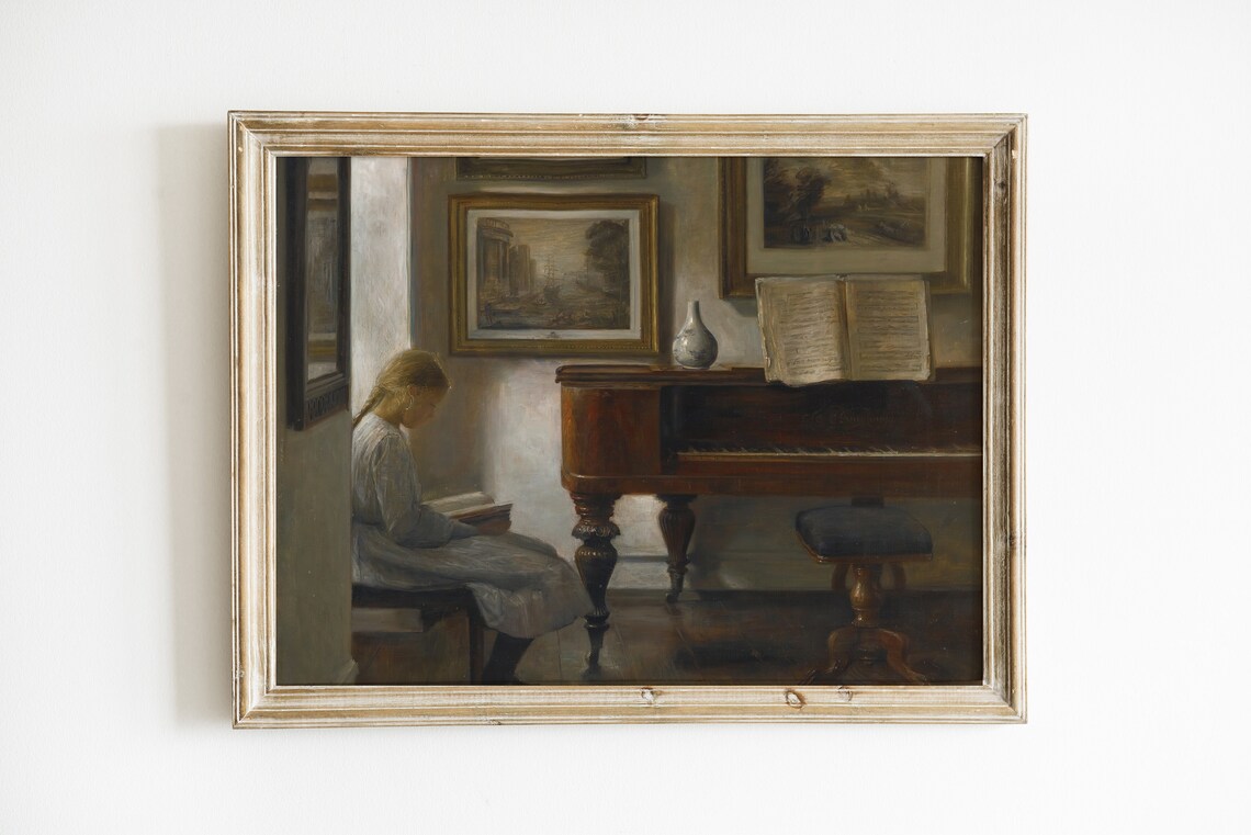 Girl Reading Painting Vintage Music Art Print