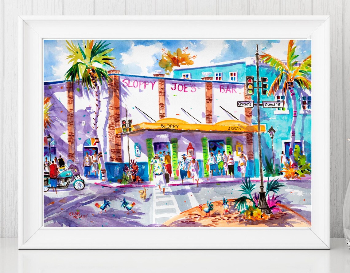 Key West Sloppy Joe's Bar, Duval Street Watercolor Print