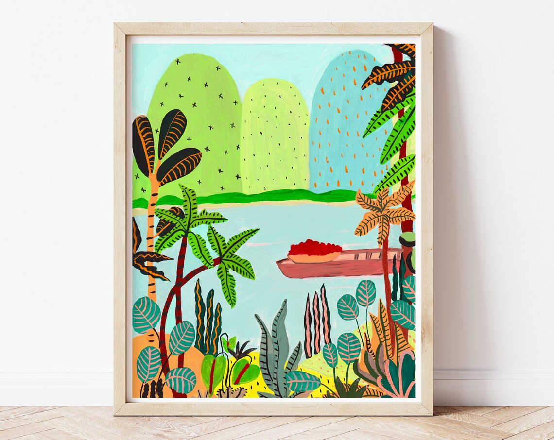 Tropical Scene Art Print, Jungle Mountain River