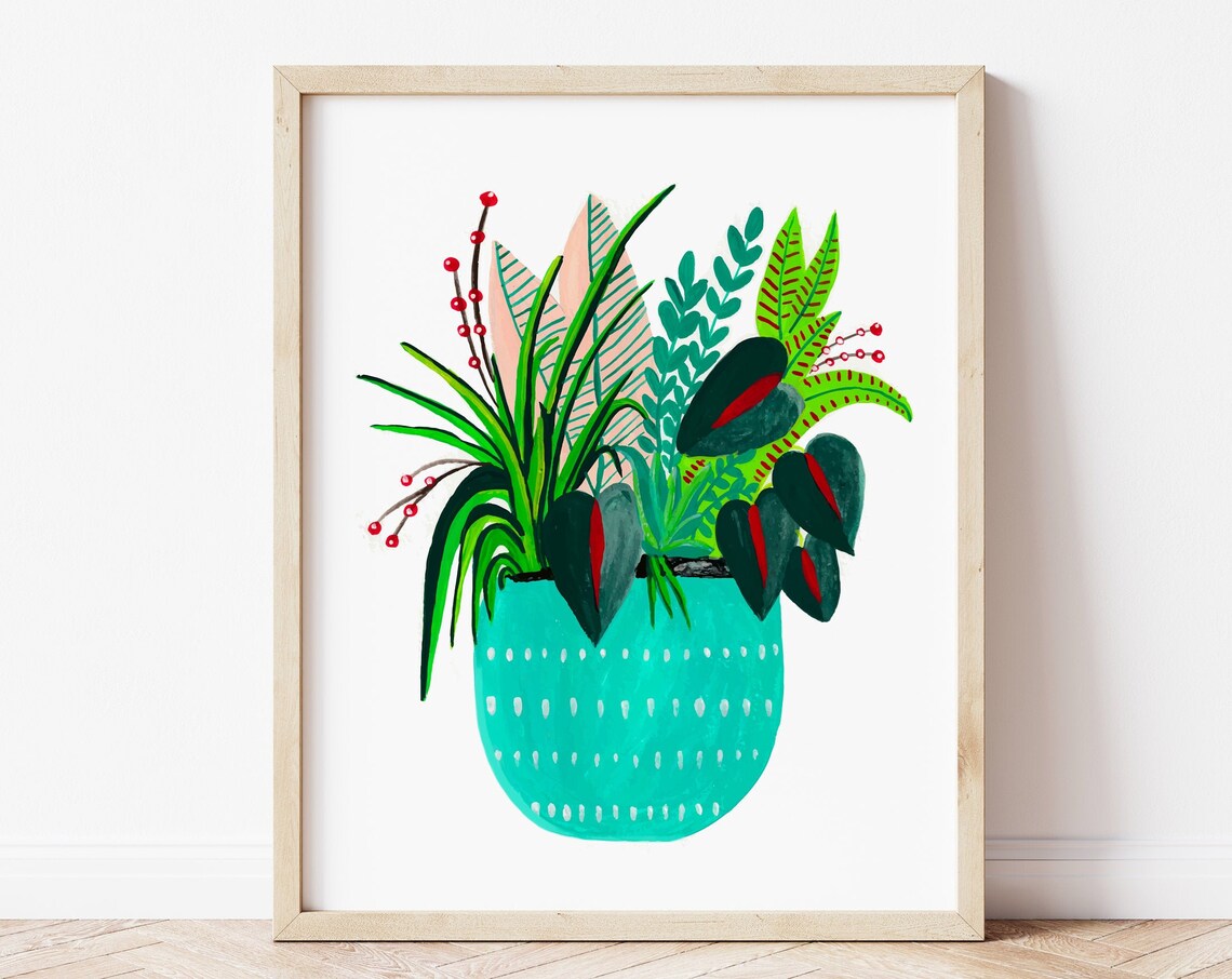 House Plants Botanical Art Print, Boho Wall Decor