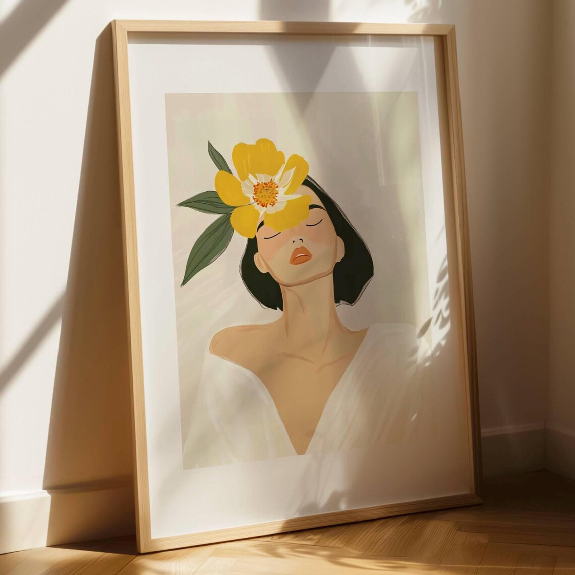 Woman With Yellow Flower Minimalist Modern Portrait Art Print