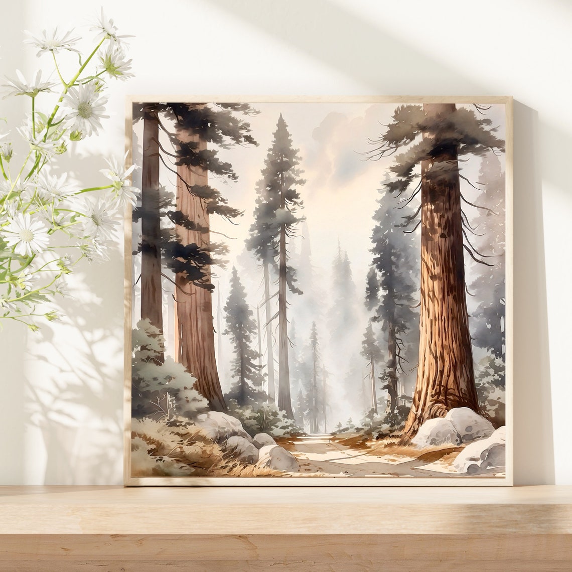 Giant Sequoia Forest Watercolor with Misty Redwood Trees Print - Image 5