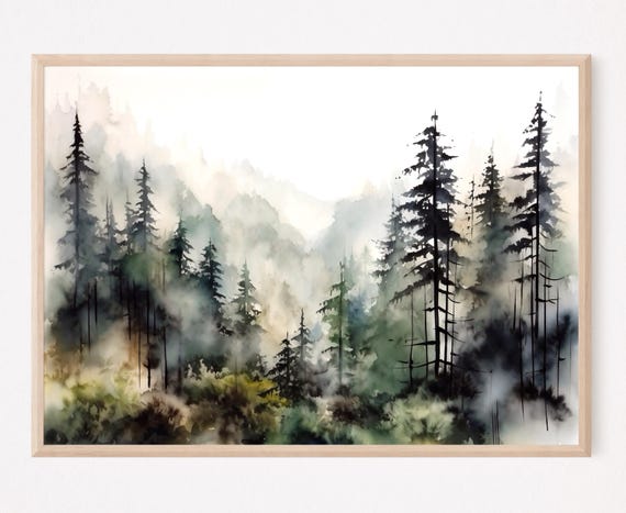 Pine Tree Wall Art Mountain Forest Art Print Foggy Forest Watercolor Poster Dark Home Decor