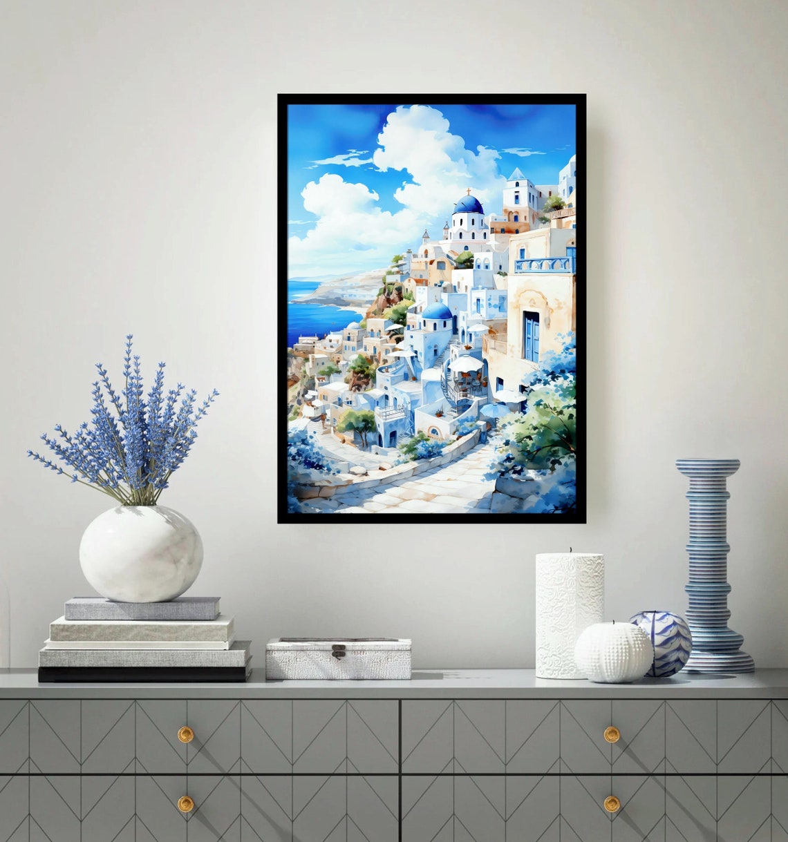 Santorini Greece Blue Dome Churches Cliffside Watercolor Art Poster - Image 4