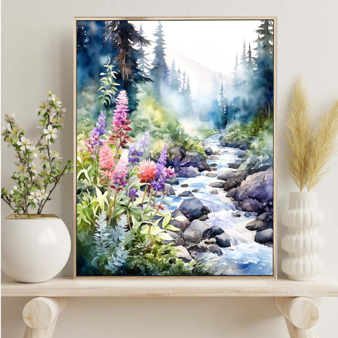 Mountain Stream Wildflowers Pine Forest Watercolor Nature Art Print - Image 4