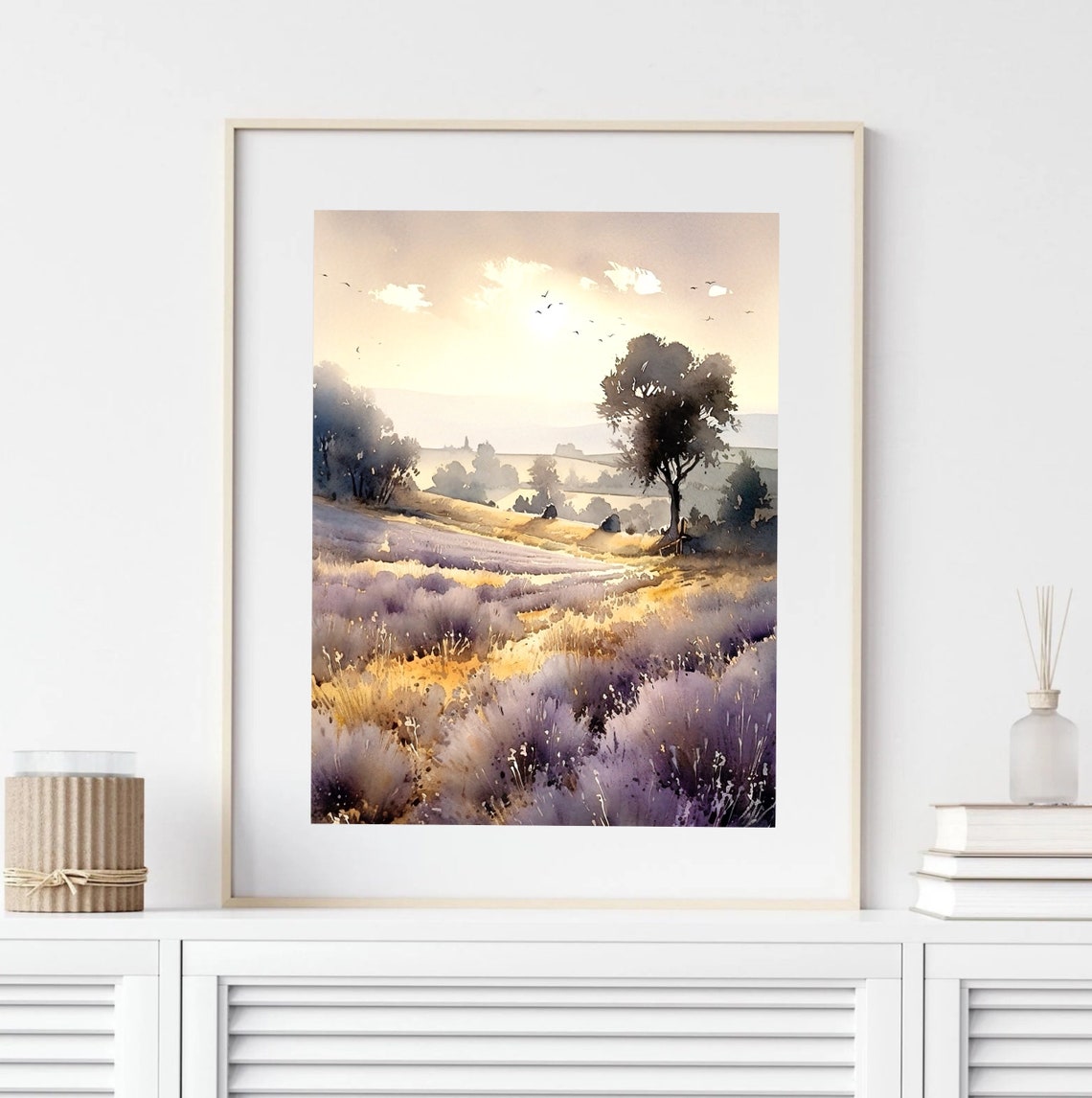 Lavender Meadow Morning Birds Watercolor Nature Art Scene Poster - Image 4