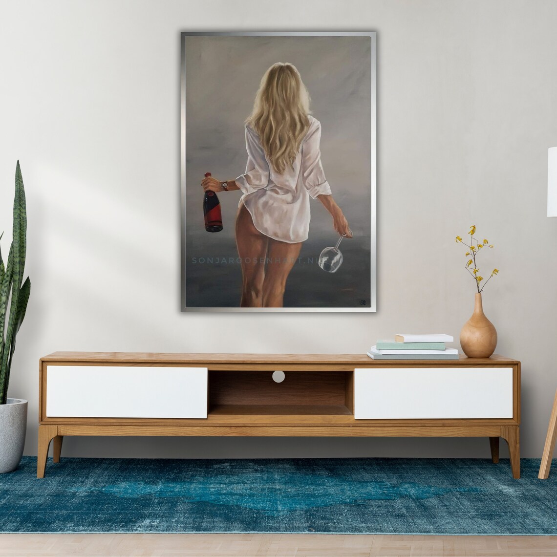Woman In White Shirt Holding Wine Bottle And Glass From Behind Art Print - Image 2