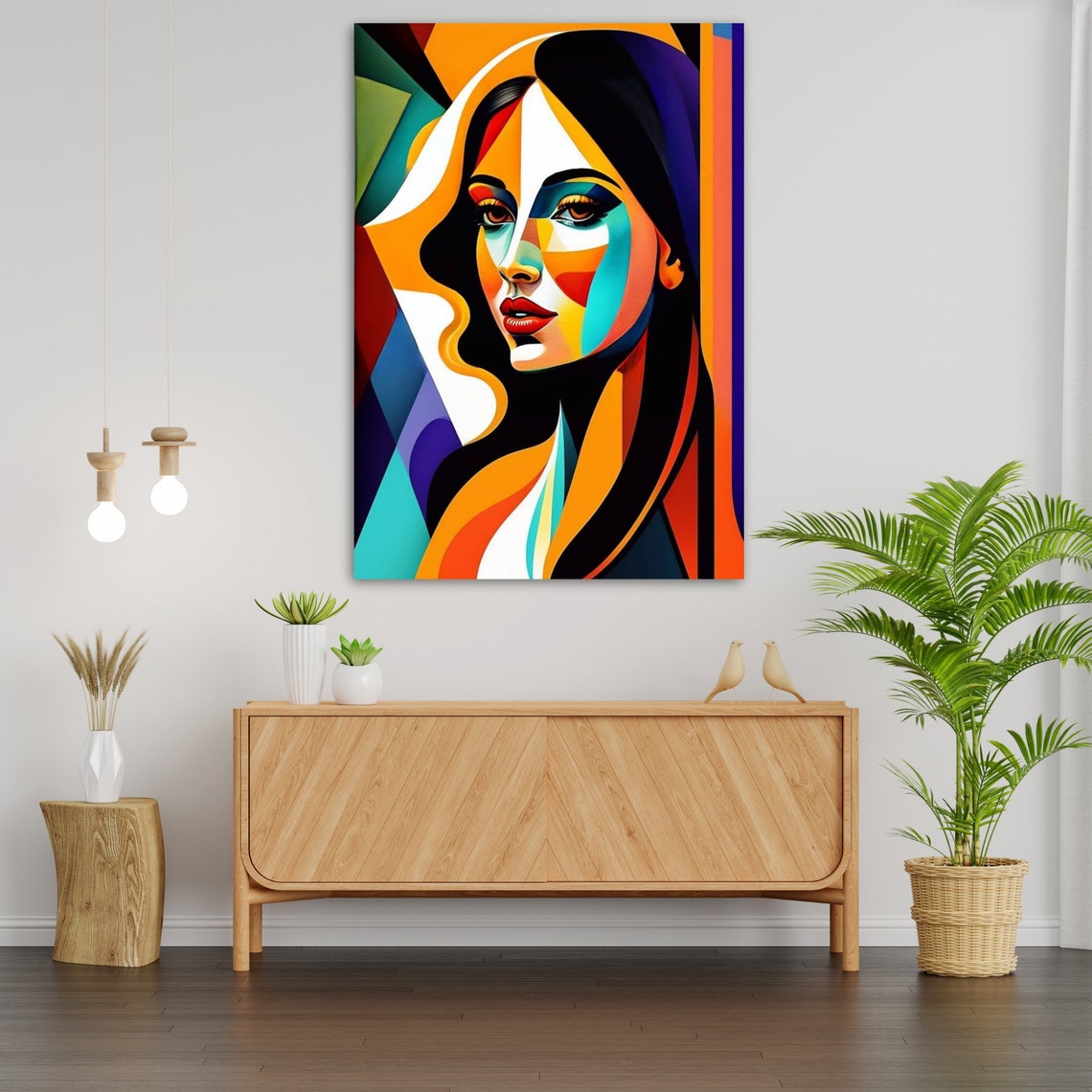 Geometric Cubist Woman Portrait Bold Orange Teal Abstract Poster - Image 2