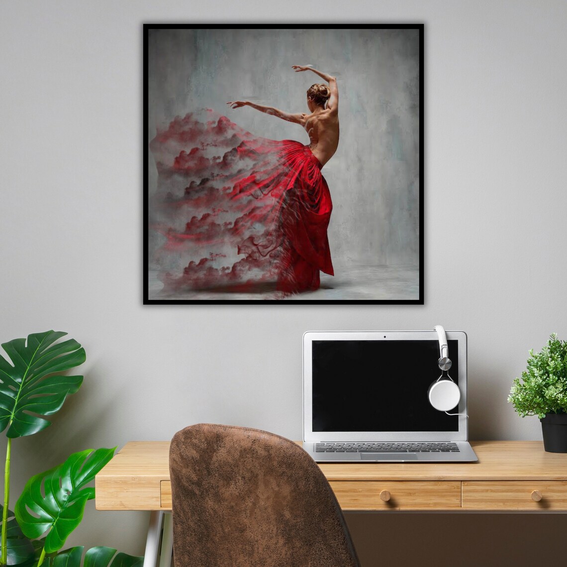 Red Skirt Ballerina Dancer Smoke Effect Elegant Grey Background Art Print - Image 4