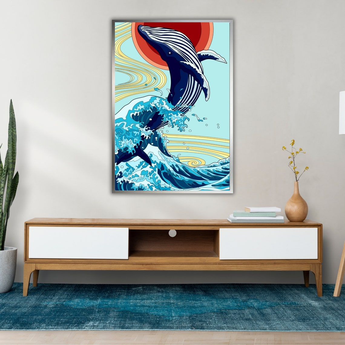Humpback Whale Breaching Over A Japanese Wave With Red Sun Art Poster - Image 2