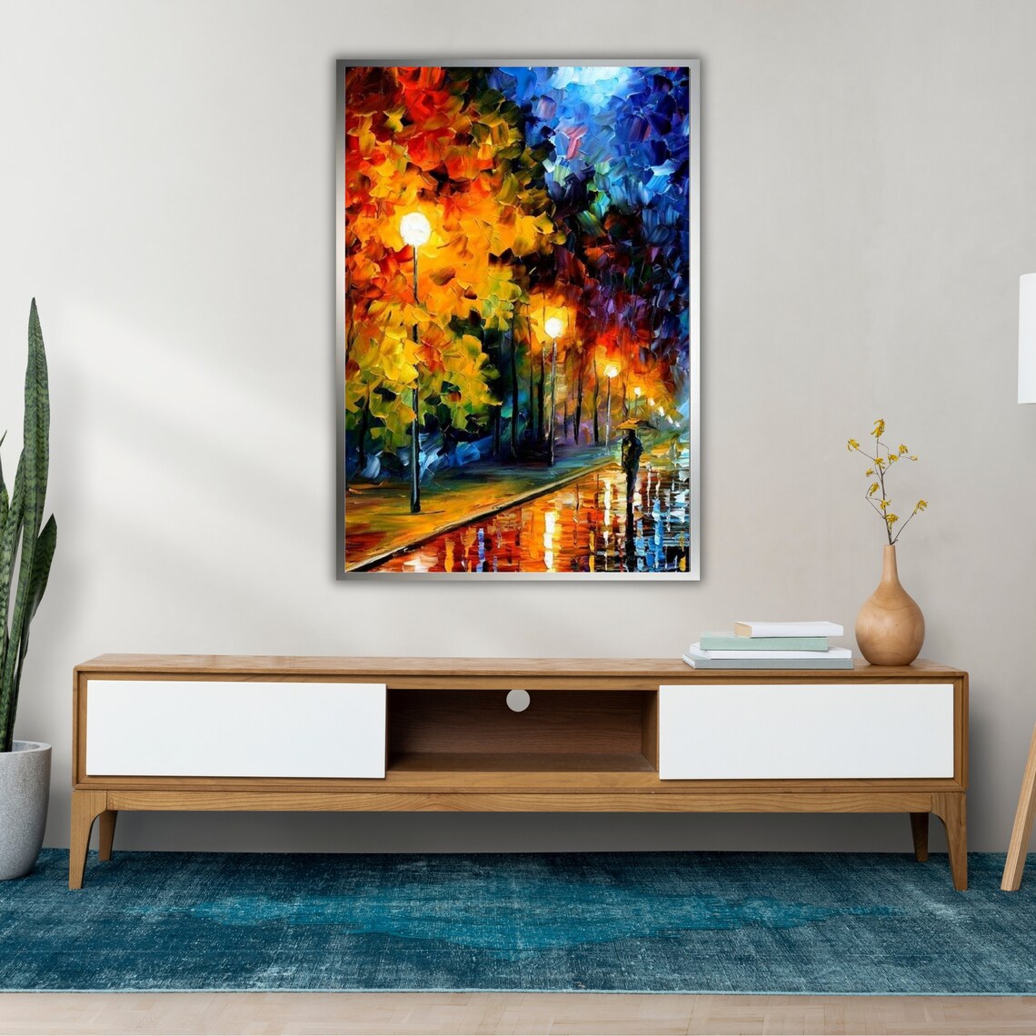 Rainy Night Street Lamps Autumn Trees Umbrella City Lights Poster - Image 4