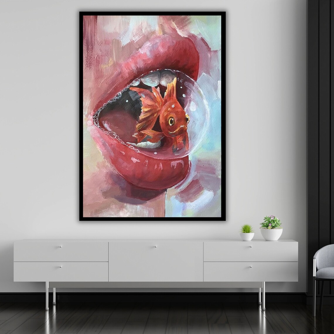 Fish In Mouth Wall Art Surreal Ready To Hang Fish Artwork Nautical Decor Ocean Theme Art - Image 5