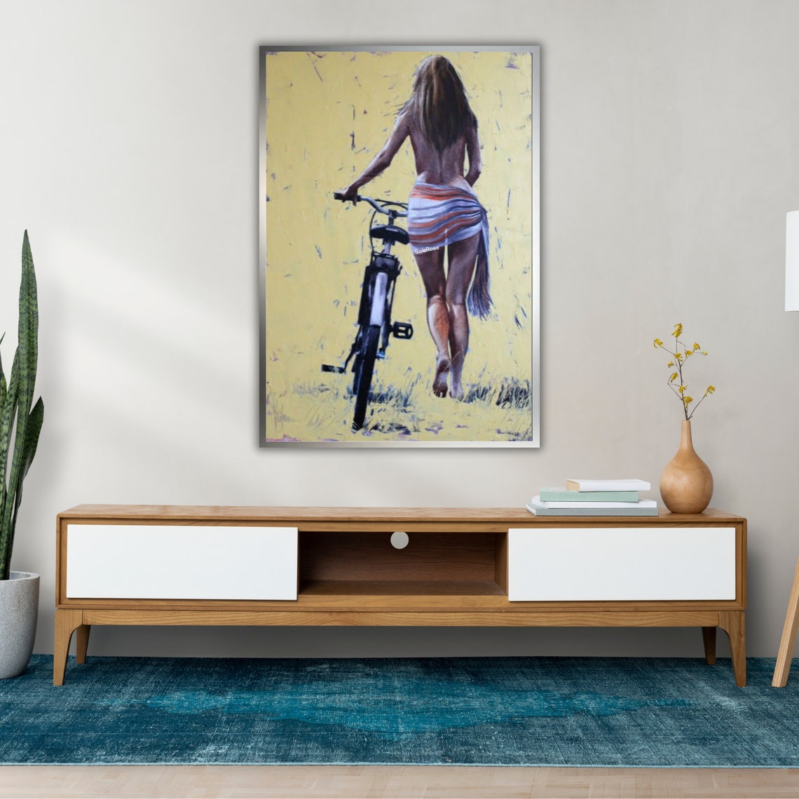 Golden Beach Day Woman Walking Bicycle In Sunlit Field Art Poster - Image 5