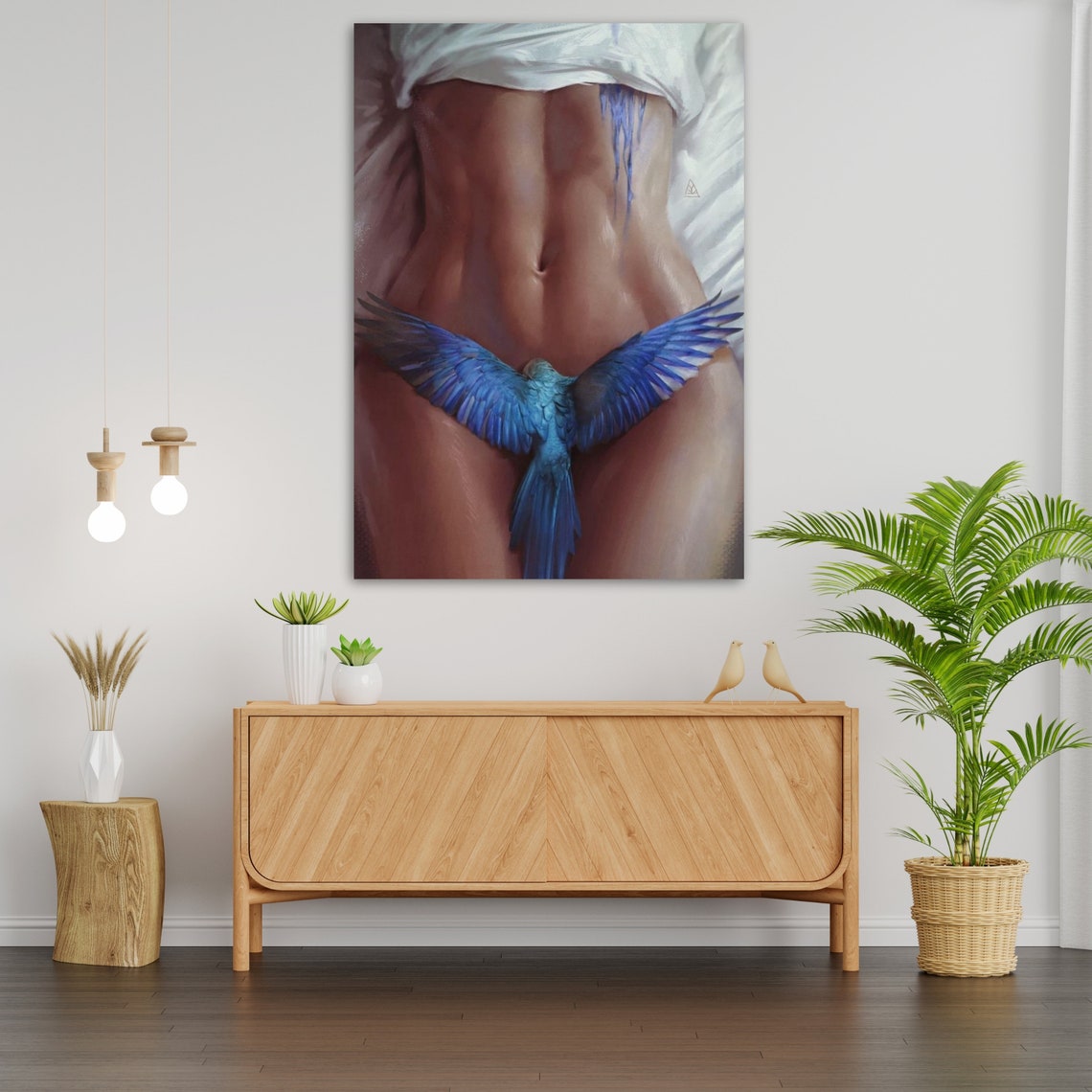 Female Torso With Blue Bird Fine Art Nude Figure Painting Wall Art - Image 3