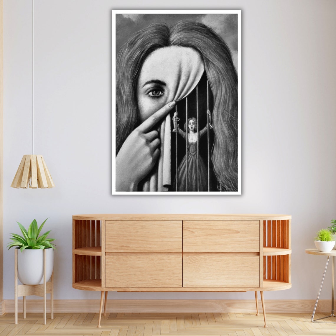 Surreal Woman Face Hiding A Tiny Prisoner Behind A Dark Curtain Poster - Image 2