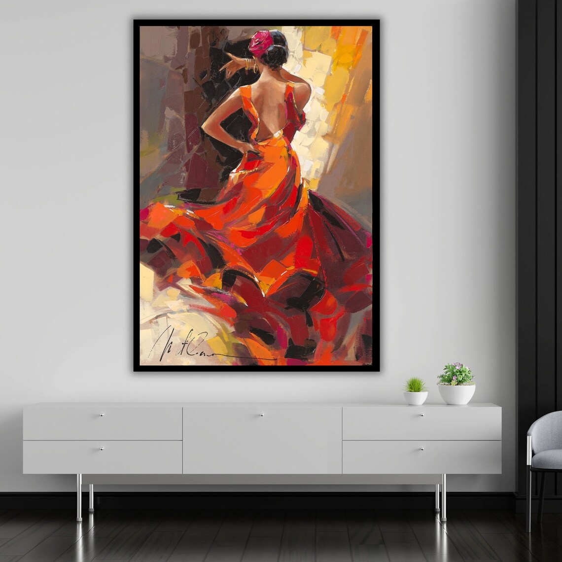 Flamenco Dancer Back View Orange Red Gown Passionate Spanish Painting Poster - Image 4