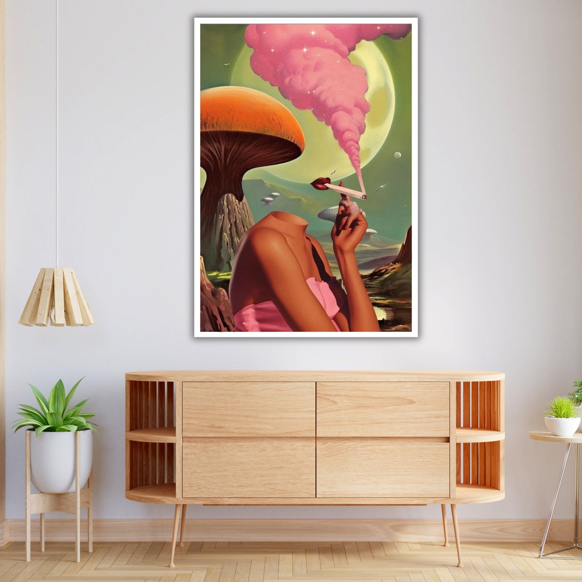 Pop Surrealism Headless Woman Smoking Mushroom Pink Moon Art Print - Image 3