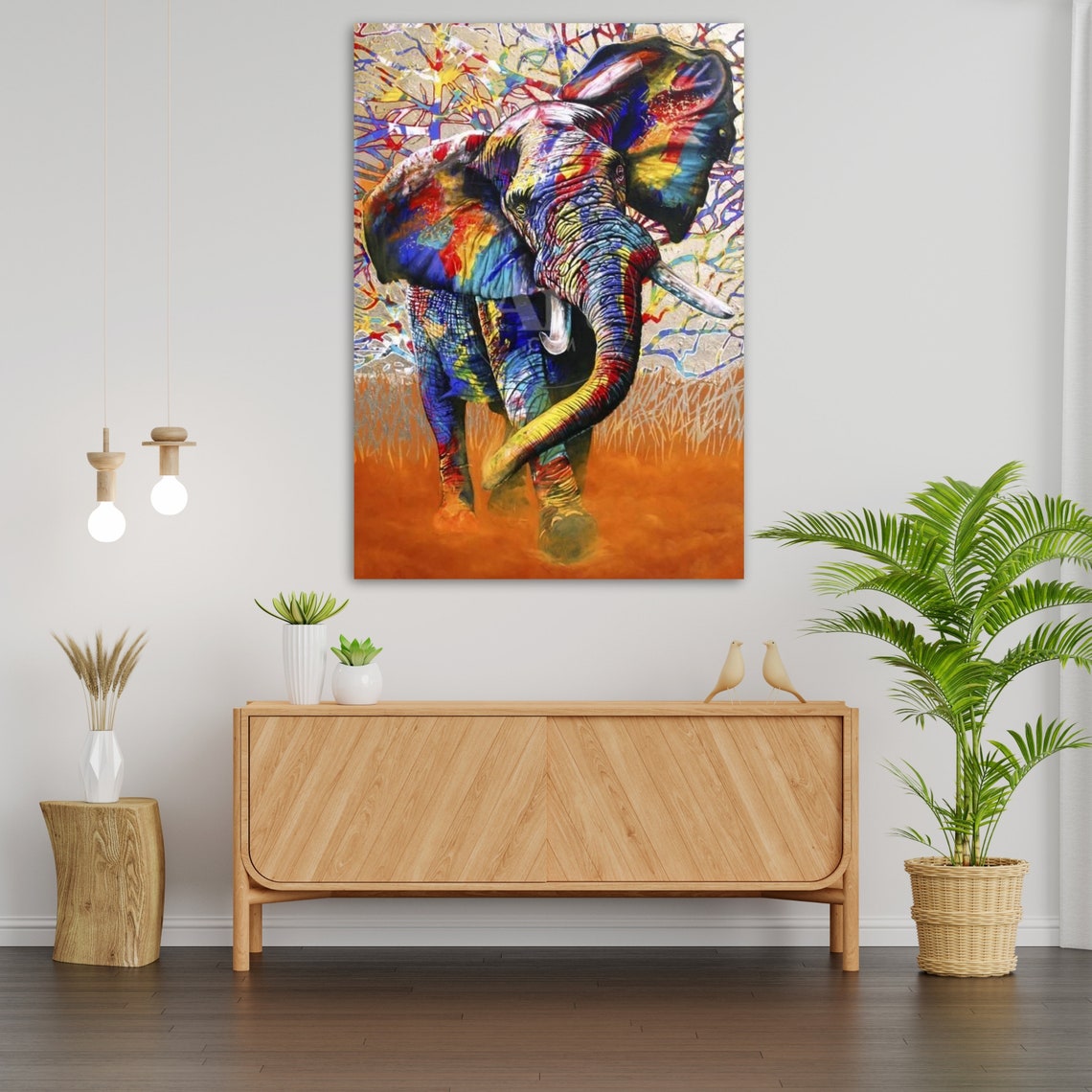 Colorful Elephant Walking With Raised Trunk Splash Art Wildlife Poster - Image 3