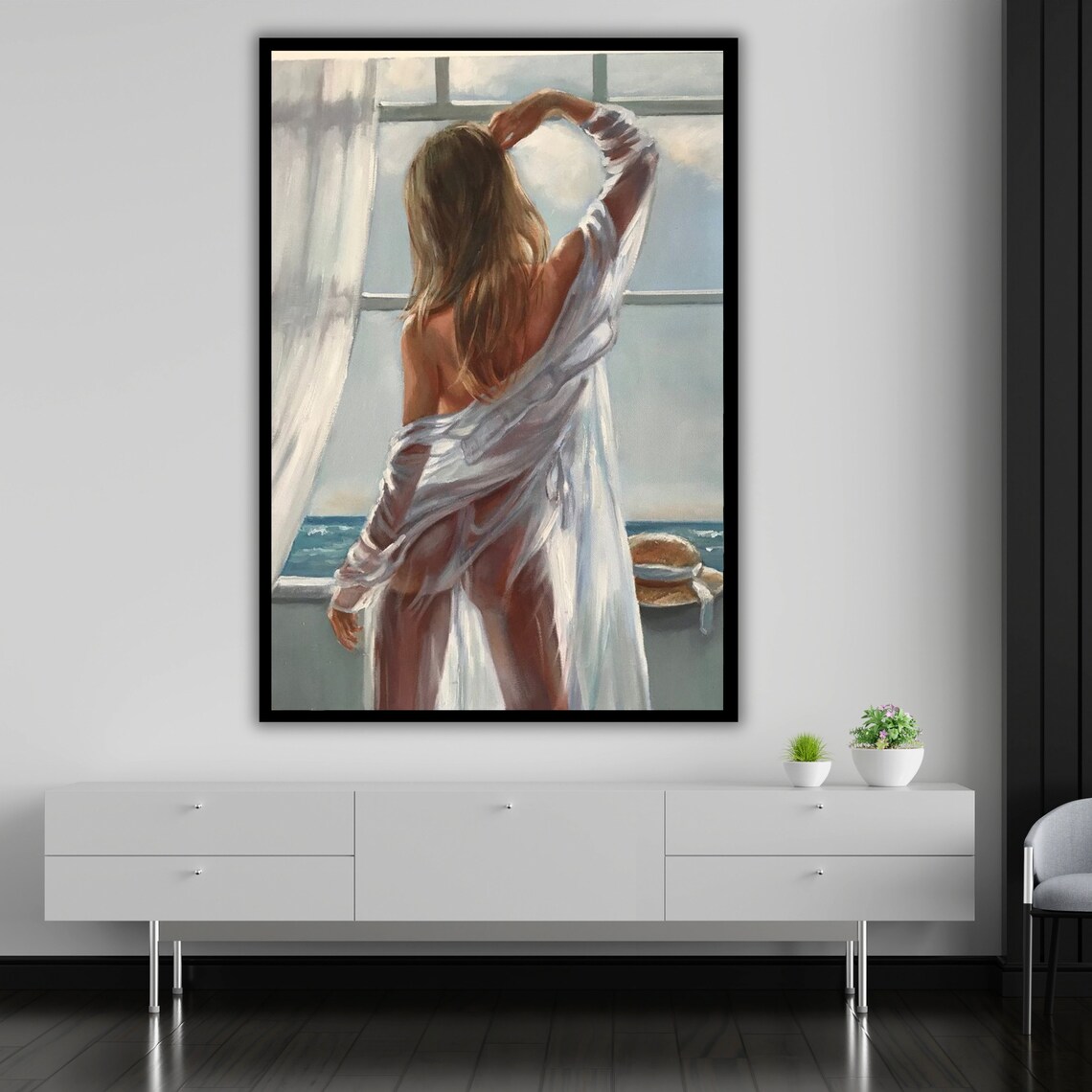 Woman At Open Window With Ocean View White Sheer Dress Seaside Art Print - Image 5