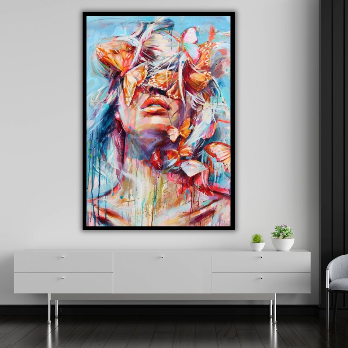 Dreamy Woman Face With Butterflies Watercolor Floral Art Wall Poster - Image 5
