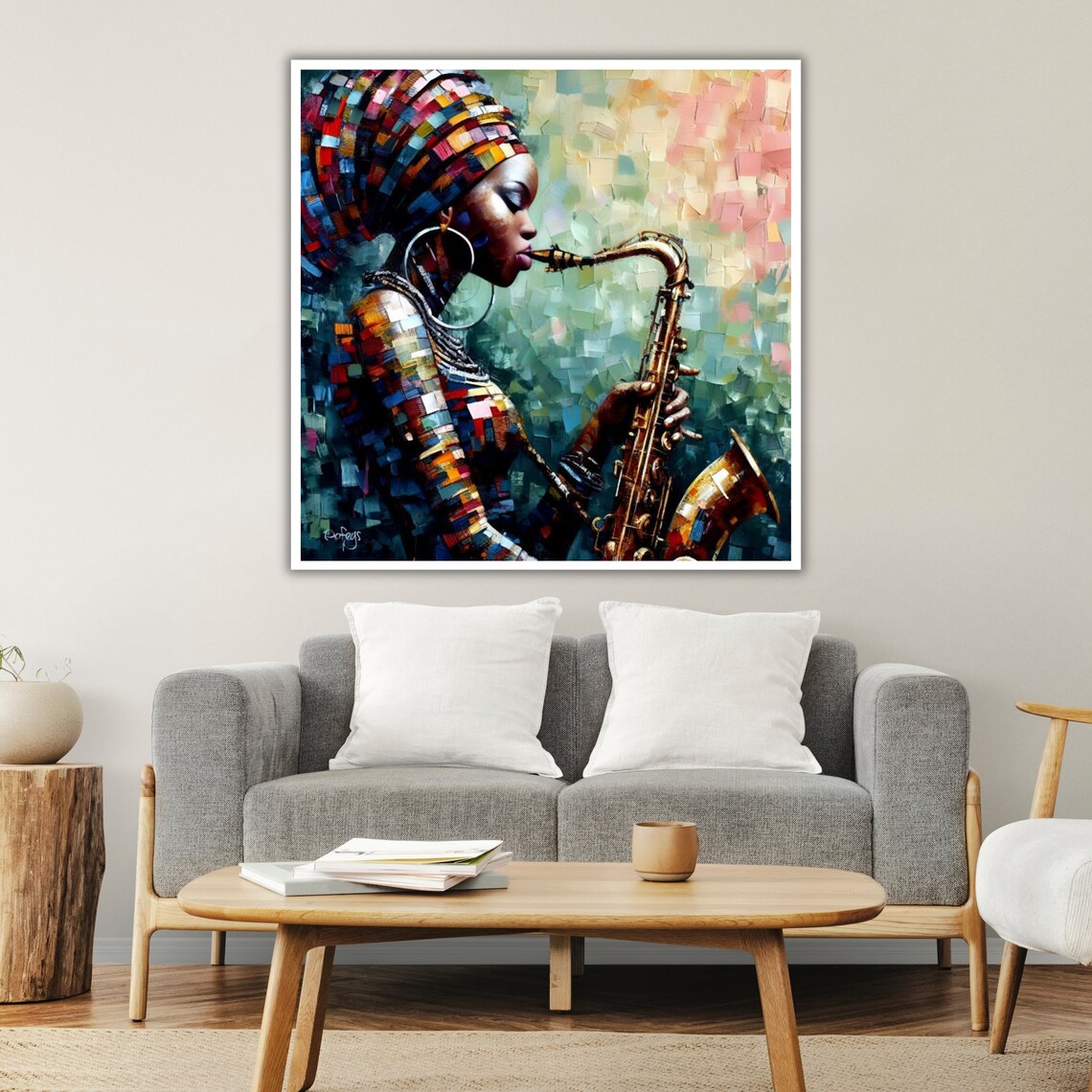 African Woman Playing Saxophone Colorful Mosaic Jazz Music Art Poster - Image 3