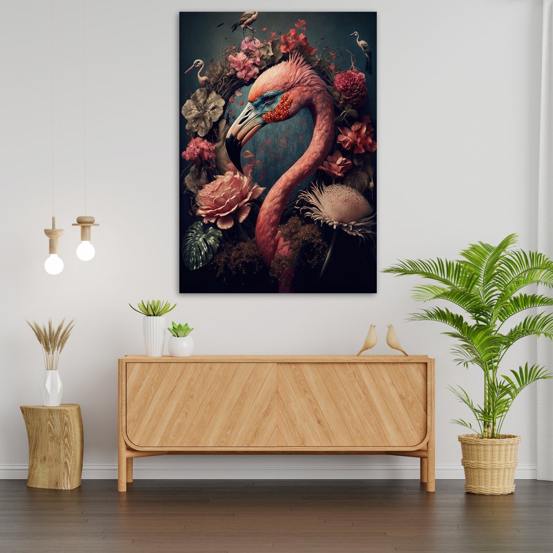Elegant Flamingo With Lush Floral Bloom Dark Botanical Art Wall Poster - Image 2