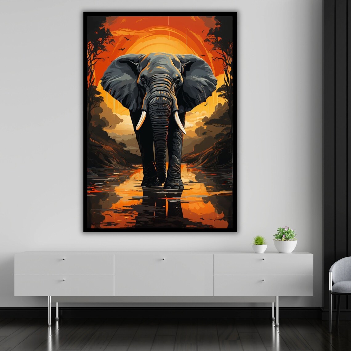 African Elephant Walking At Sunset With Water Reflection Wildlife Poster - Image 5