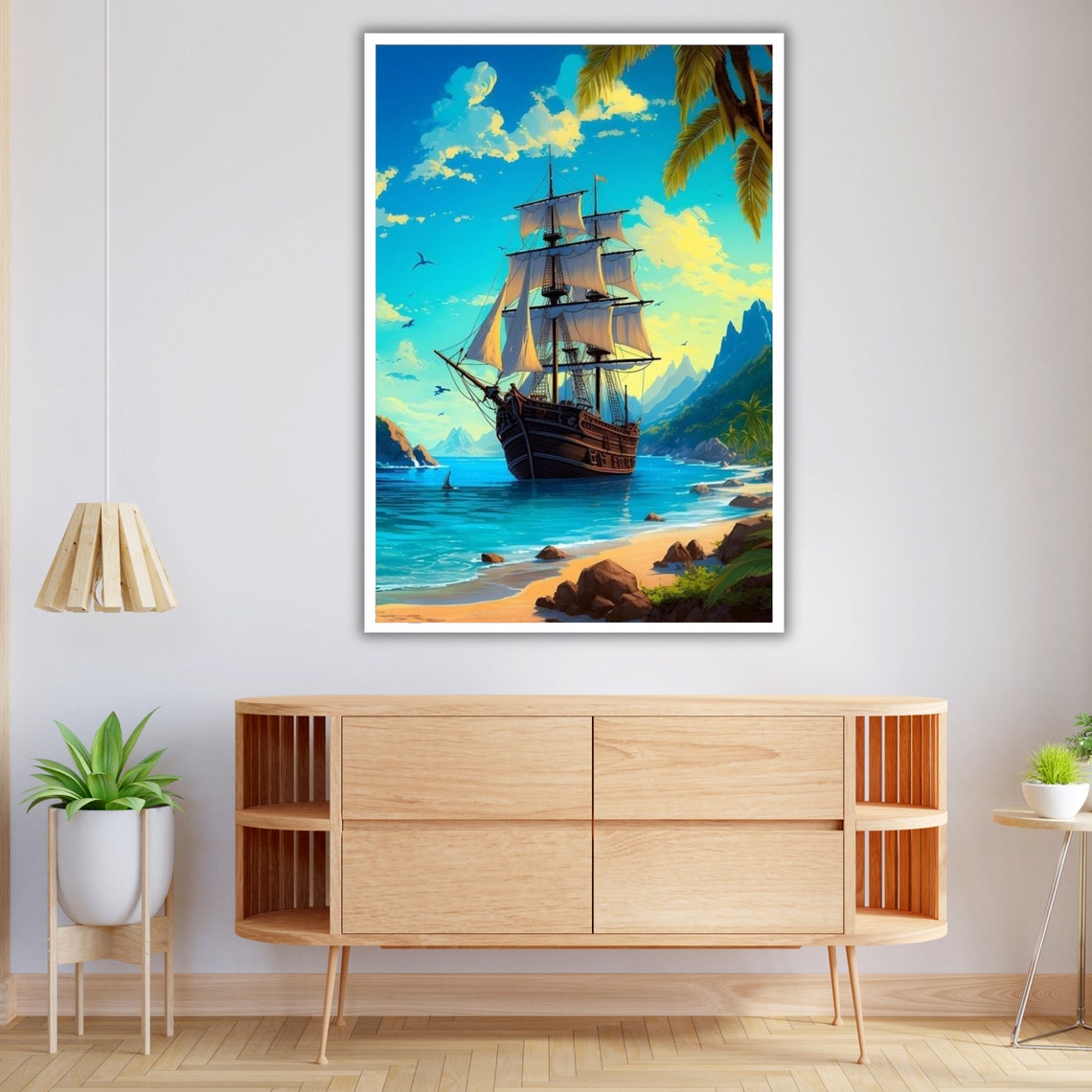 Tall Pirate Ship Anchored Tropical Beach Lagoon Adventure Art Print - Image 4