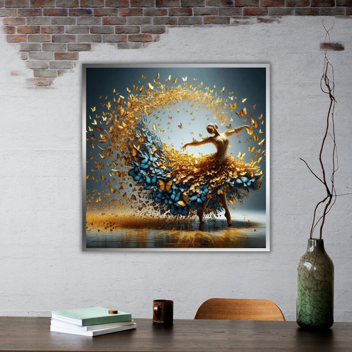 Ballerina Golden Blue Butterfly Swirl Dress Ballet Art Print - Image 2