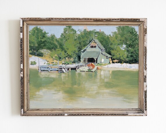 Vintage Lake House Lake Print, Cabin Landscape Art Print